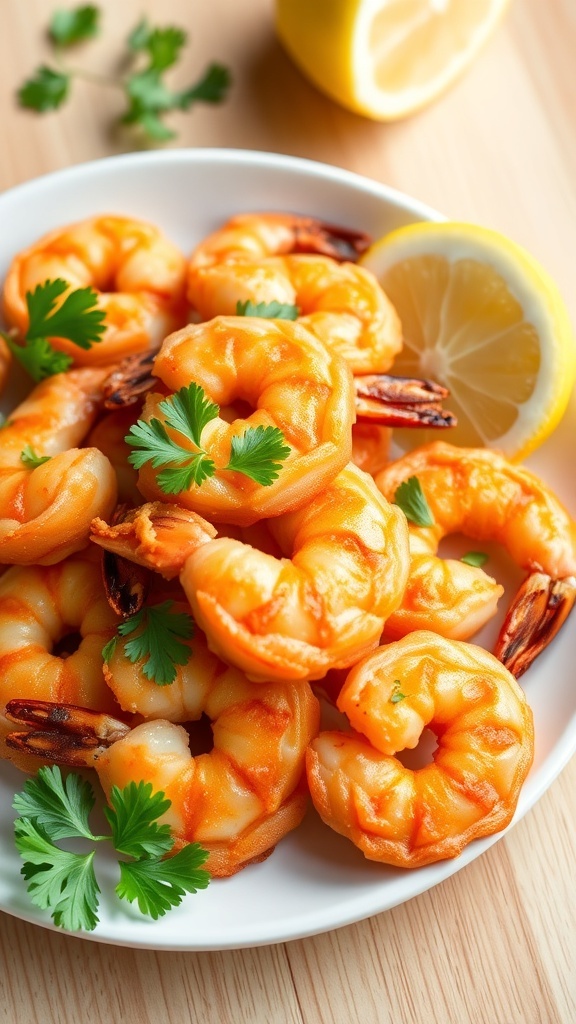 Air Fryer Frozen Shrimp Recipe Crispy air-fried shrimp garnished with parsley and lemon on a plate.